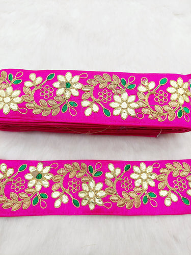 Fuchsia Pink Art Silk Fabric Trim, Green & Gold Floral Embroidery Gota Patti Indian Sari Border Trim By Yard Decorative Trim Craft Lace